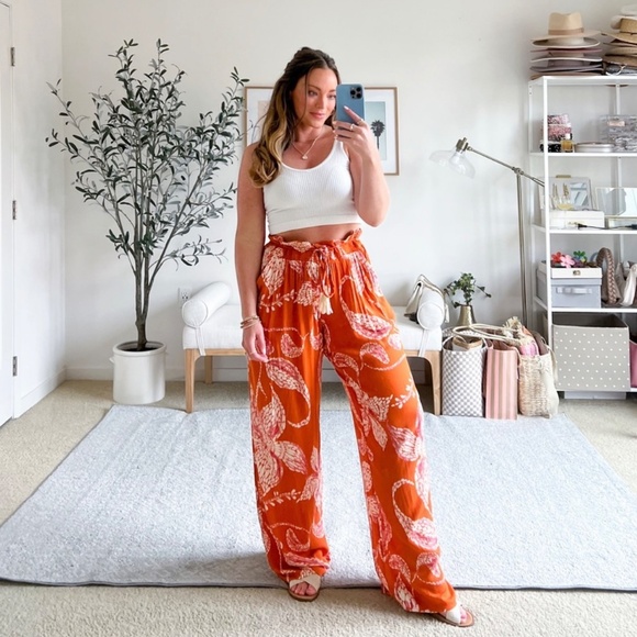 XL Palazzo Pants Floral Wide Leg Pants Boho Pants Resortwear tassel Beach Cruise - Picture 1 of 17